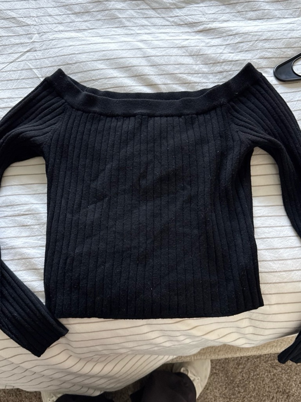 aerie Black Ribbed Off-the-Shoulder Sweater